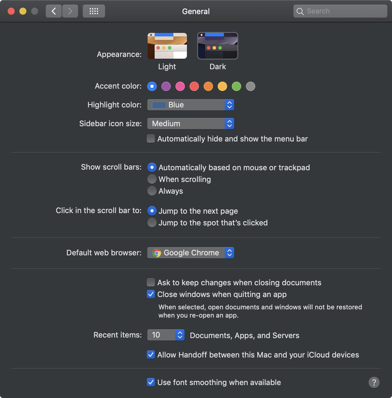 macOS 10.14 Mojave General Preferences (2018)